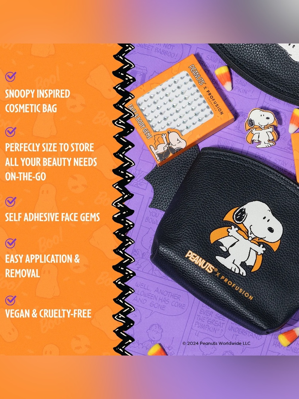 Profusion Cosmetics Peanuts Snoopy Halloween Black & Orange Makeup Bag Set - Picture 3 of 6